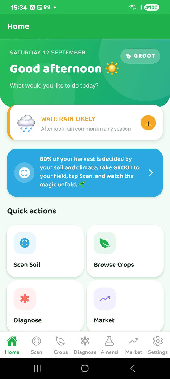 GROOT app home screen
